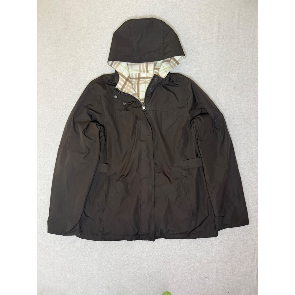 IZOD Hooded Fleece Lined Jacket Womens Large Brown Plaid 7729